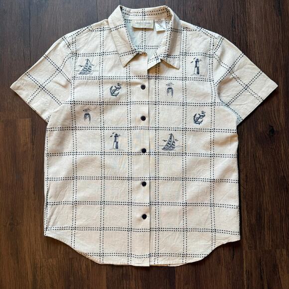 Embroidered Coastal Linen Blend Shirt Lemon Grass Petite Medium PM - Picture 2 of 10